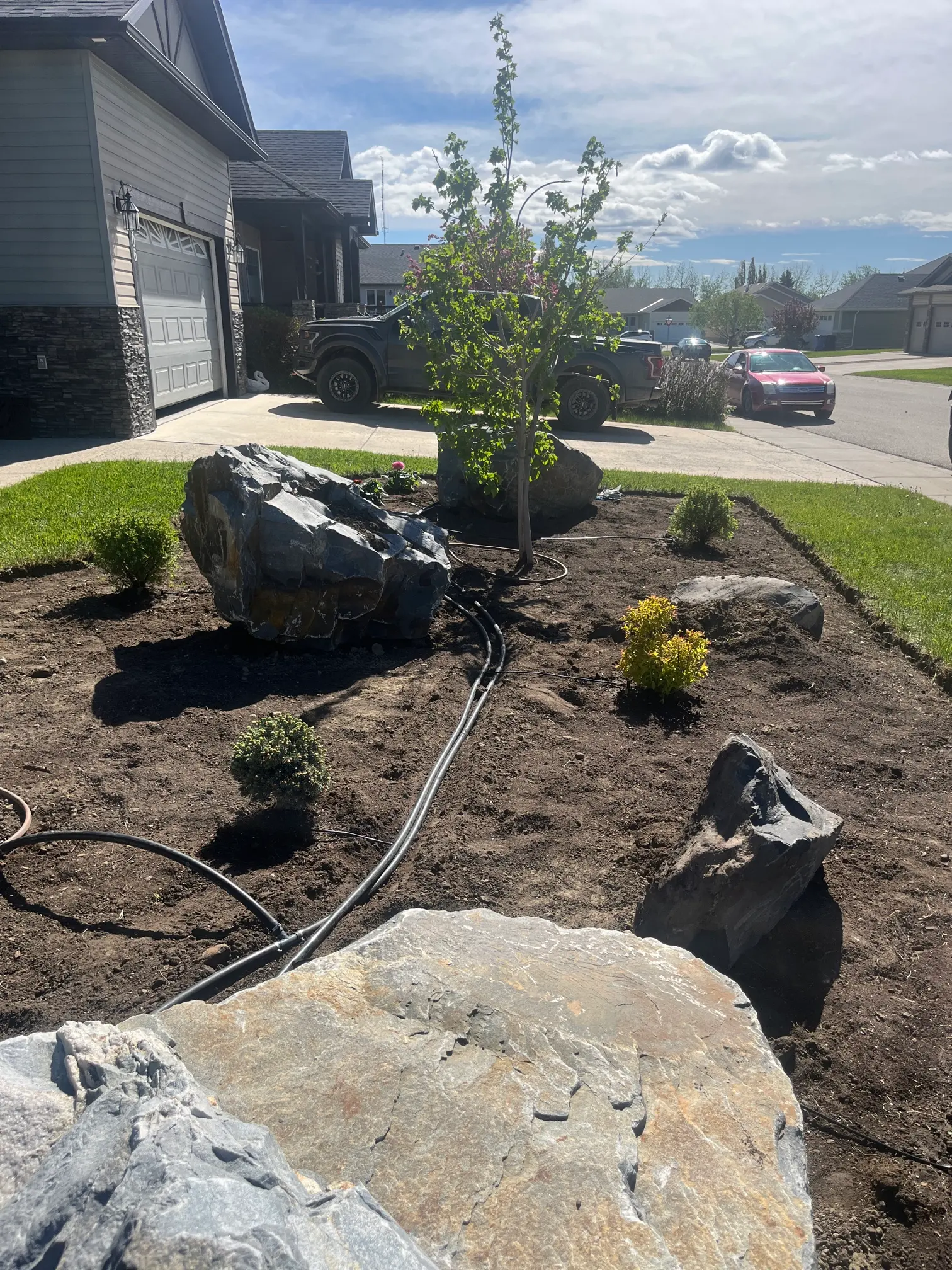 Backyard landscaping with irrigation system and decorative rocks